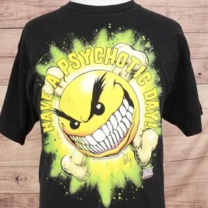 Vintage Fashion Victim Smiley Psychotic Shirt Mens XL Black Chaos Comics Tee